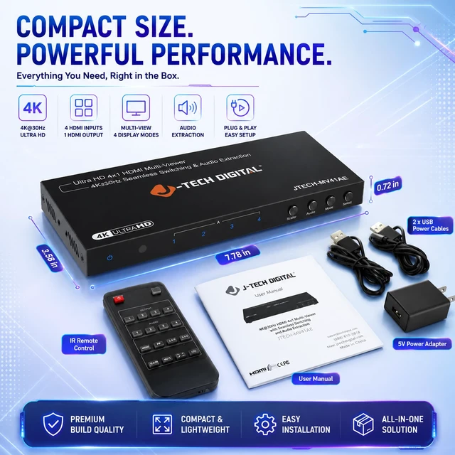 Alt view image 6 of 7 - J-Tech Digital 4K HDMI Multiviewer Switch 4 in 1 Out, 4x1 4K 30Hz HDMI Quad Multiviewer Seamless Switcher with PiP, 6 Viewing Modes, Audio Extraction via Optical 3.5mm (JTECH-MV41AE)