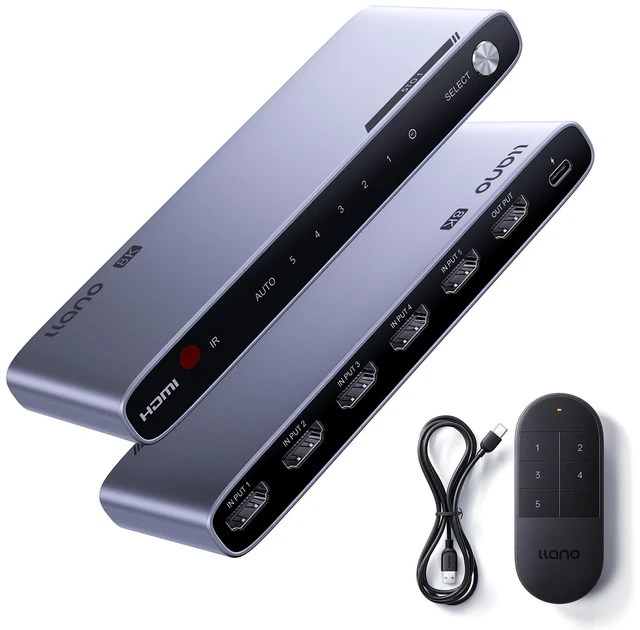 Main image of llano 8K@60Hz HDMI 2.1 Switch 5 in 1 Out, 4K@120Hz/240Hz with Remote | VRR, HDR10+, Dolby Atmos, CEC, 48Gbps,HDMI Switcher for PS5, Xbox, Switch, Roku, Fire Stick, Apple TV, Aluminum Alloy Case