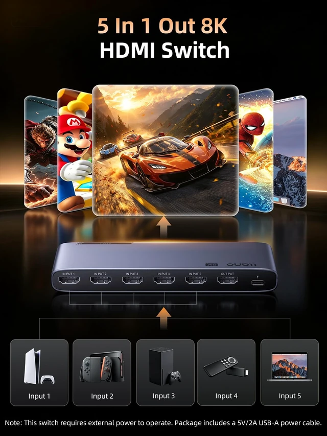 Alt view image 2 of 7 - llano 8K@60Hz HDMI 2.1 Switch 5 in 1 Out, 4K@120Hz/240Hz with Remote | VRR, HDR10+, Dolby Atmos, CEC, 48Gbps,HDMI Switcher for PS5, Xbox, Switch, Roku, Fire Stick, Apple TV, Aluminum Alloy Case