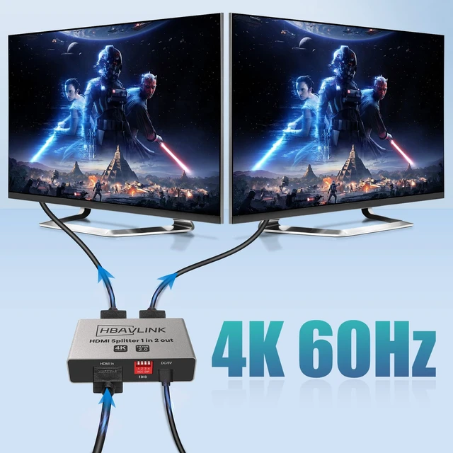 Alt view image 2 of 7 - HBAVLINK HDMI Splitter 1 in 2 Out | 4K 60Hz, EDID Clone, Mirror Display, HDCP Bypass, Dolby Atmos, Dolby Vision, HDR