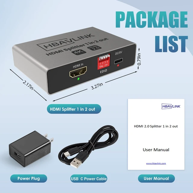 Alt view image 6 of 7 - HBAVLINK HDMI Splitter 1 in 2 Out | 4K 60Hz, EDID Clone, Mirror Display, HDCP Bypass, Dolby Atmos, Dolby Vision, HDR