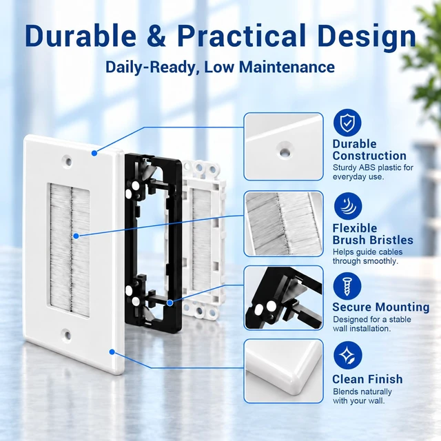 Alt view image 2 of 7 - iwillink 20-Pack Brush Wall Plate with Low Voltage Mounting Bracket, White | Cable Pass Through Wall Plate Insert for Wires, Single Gang Cable Access Strap, Wall Socket for HDTV, Home Theater Systems