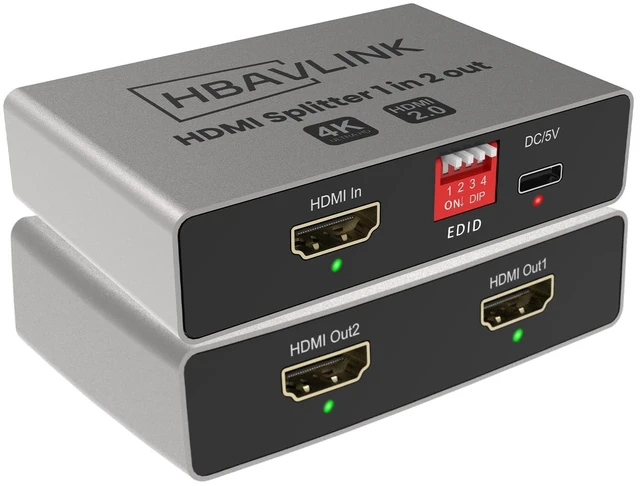 Main image of HBAVLINK HDMI Splitter 1 in 2 Out | 4K 60Hz, EDID Clone, Mirror Display, HDCP Bypass, Dolby Atmos, Dolby Vision, HDR