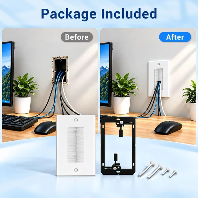 Alt view image 3 of 7 - iwillink 20-Pack Brush Wall Plate with Low Voltage Mounting Bracket, White | Cable Pass Through Wall Plate Insert for Wires, Single Gang Cable Access Strap, Wall Socket for HDTV, Home Theater Systems