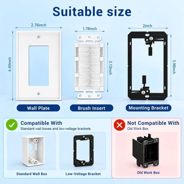Alt view image 7 of 7 - iwillink 20-Pack Brush Wall Plate with Low Voltage Mounting Bracket, White | Cable Pass Through Wall Plate Insert for Wires, Single Gang Cable Access Strap, Wall Socket for HDTV, Home Theater Systems