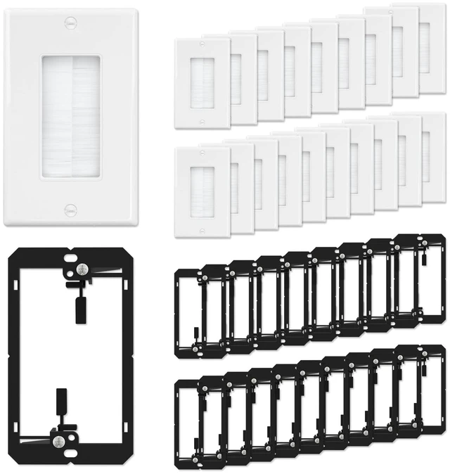 Main image of iwillink 20-Pack Brush Wall Plate with Low Voltage Mounting Bracket, White | Cable Pass Through Wall Plate Insert for Wires, Single Gang Cable Access Strap, Wall Socket for HDTV, Home Theater Systems