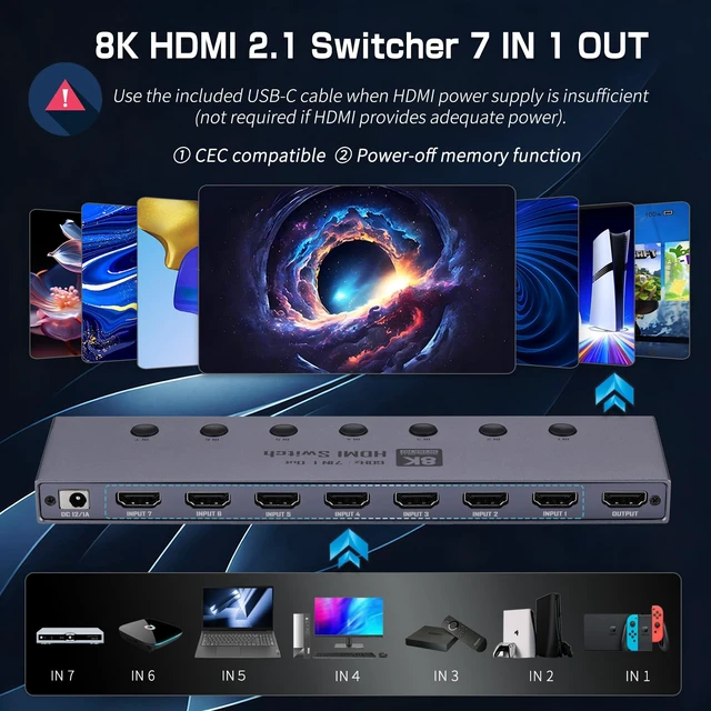 Alt view image 3 of 7 - 2026 Upgrade 8K HDMI 2.1 Switch, HDMI 2.1 Switcher 7 In 1 Out Supports CEC 8K@60Hz, 4K@240Hz, 1080P@480Hz HDCP 2.3 HDR Dolby Atmos VRR Compatible with PS5 Xbox Blu-Ray Player with IR remote controller