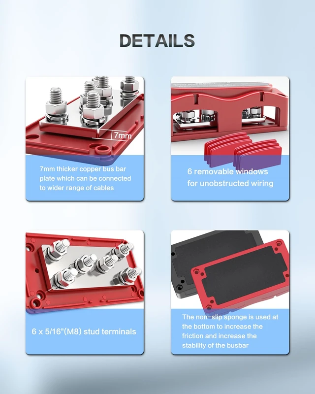 Alt view image 3 of 6 - jamgoer 450A Bus Bar 12v Power Distribution Block 6 x 5/16"(M8) Terminal Block Heavy Duty Waterproof Buss Bar Junction Block Marine Battery Bus bar for Automotive Boat Solar System