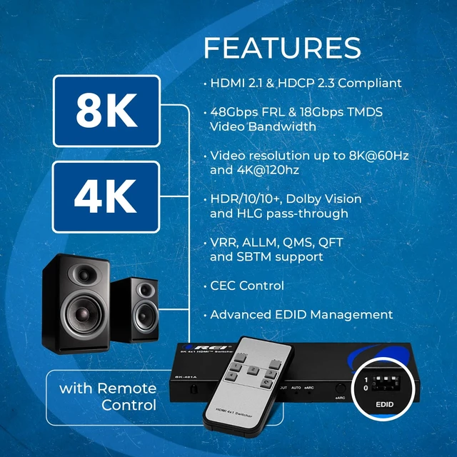 Alt view image 5 of 7 - OREI 8K 4-Port HDMI Switch, 4-in 1-Out eARC, Audio Extractor, 8K@60Hz, HDR | hdmi switcher 4 in 1 out, hdmi switch with remote, eARC, HDCP 2.3, EDID, Optical & L/R Audio Out, PS5/Xbox