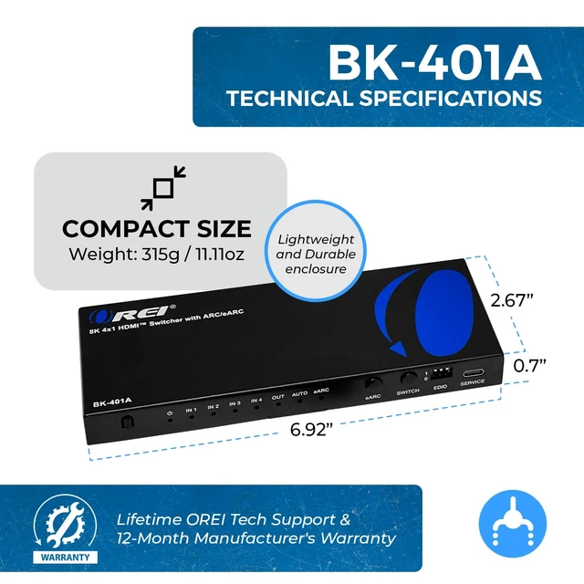 Alt view image 6 of 7 - OREI 8K 4-Port HDMI Switch, 4-in 1-Out eARC, Audio Extractor, 8K@60Hz, HDR | hdmi switcher 4 in 1 out, hdmi switch with remote, eARC, HDCP 2.3, EDID, Optical & L/R Audio Out, PS5/Xbox