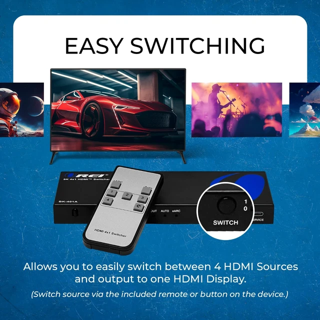 Alt view image 4 of 7 - OREI 8K 4-Port HDMI Switch, 4-in 1-Out eARC, Audio Extractor, 8K@60Hz, HDR | hdmi switcher 4 in 1 out, hdmi switch with remote, eARC, HDCP 2.3, EDID, Optical & L/R Audio Out, PS5/Xbox