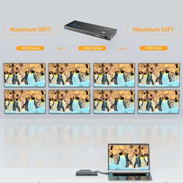 Alt view image 2 of 6 - HDMI Splitter 1 in 8 Out, Arvitek 1x8 HDMI Splitter for HDTV TV Monitor, 4K@30Hz, Mirror 1 Source to 8 Displays Simultaneously, (Mirror Only)