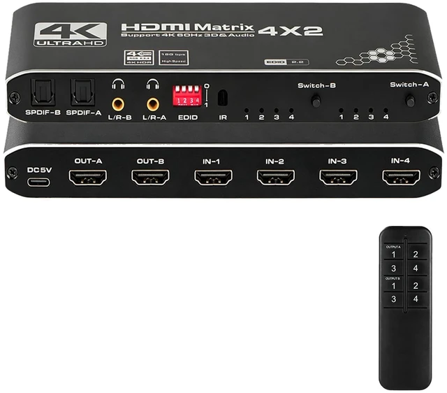Main image of HDMI Matrix Switch 4x2, 4K HDMI Matrix Switcher Splitter 4 in 2 Out Box with EDID Extractor and IR Remote Control Support 4K HDR, HDMI 2.0b, HDCP 2.2, 4K@60Hz, 3D, 1080P