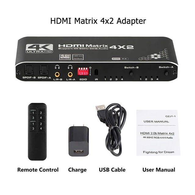 Alt view image 7 of 7 - HDMI Matrix Switch 4x2, 4K HDMI Matrix Switcher Splitter 4 in 2 Out Box with EDID Extractor and IR Remote Control Support 4K HDR, HDMI 2.0b, HDCP 2.2, 4K@60Hz, 3D, 1080P