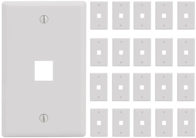 Main image of ICC 1-Port Keystone Wall Plate, 1-Gang RJ45 Modular Jack, White, 25-Pack | UL Listed ABS plastic construction, accepts compatible inserts, single opening for data and voice cabling, work area outlet