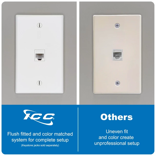 Alt view image 4 of 7 - ICC 1-Port Keystone Wall Plate, 1-Gang RJ45 Modular Jack, White, 25-Pack | UL Listed ABS plastic construction, accepts compatible inserts, single opening for data and voice cabling, work area outlet