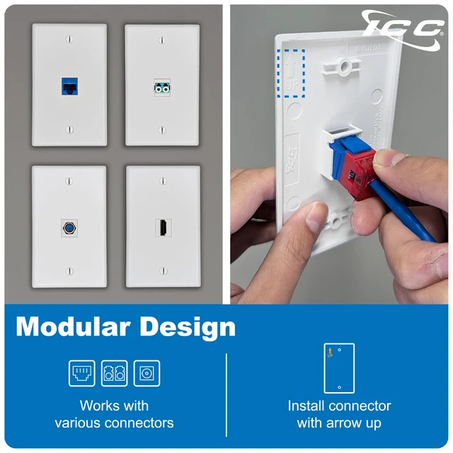 Alt view image 5 of 7 - ICC 1-Port Keystone Wall Plate, 1-Gang RJ45 Modular Jack, White, 25-Pack | UL Listed ABS plastic construction, accepts compatible inserts, single opening for data and voice cabling, work area outlet