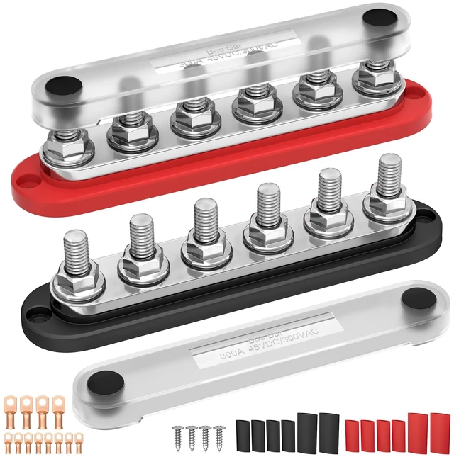 Main image of 300A 12V Bus Bar with 6 x 3/8" (M10) Studs & Cover, Power Distribution Block for Marine Boat Solar RV, 12 Volt Bus Bar Terminal Block Kit with 4 AWG 1/0 & 8 AWG 2/0 Copper Lugs