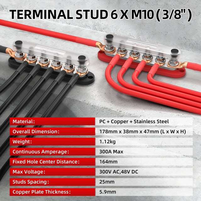 Alt view image 5 of 7 - 300A 12V Bus Bar with 6 x 3/8" (M10) Studs & Cover, Power Distribution Block for Marine Boat Solar RV, 12 Volt Bus Bar Terminal Block Kit with 4 AWG 1/0 & 8 AWG 2/0 Copper Lugs