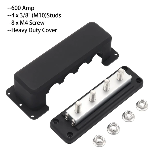 Alt view image 2 of 7 - 600 Amp Bus Bar Power Distribution Block, 12V-48V DC | Heavy Duty Tin-Plated Copper with 8*M10 3/8" Studs & Insulated Cover, Positive Negative for RV Marine Solar Truck Battery