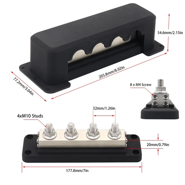 Alt view image 4 of 7 - 600 Amp Bus Bar Power Distribution Block, 12V-48V DC | Heavy Duty Tin-Plated Copper with 8*M10 3/8" Studs & Insulated Cover, Positive Negative for RV Marine Solar Truck Battery