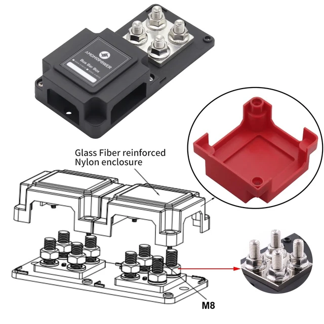 Alt view image 2 of 6 - Gloaso Bus Bar Copper 12V- 48V 400A Busbar Heavy Duty 8X 5/16" (M8) Posts Terminal Power Distribution Block, DC Battery Buss Bar with Cover for Car Automotive Marine RV Solar PV Boat Camper, Red&Black
