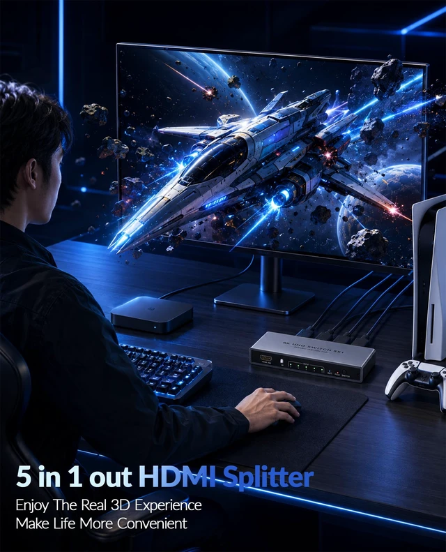 Alt view image 3 of 7 - Hdmi Switch 5 in 1 Out - 8K@60Hz 4K@240Hz/144Hz/120Hz HDMI Switch with Remote Support 3D/HDR/HDCP2.3, for PS5/4 Xbox Nintendo Switch Roku Apple TV Fire Stick Multi Hdmi Port Aluminum 8K HDMI Splitter