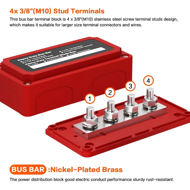 Alt view image 2 of 7 - AMOMD 2pcs 300A Bus Bar Brass Power Distribution Block 4 3/8 inch (M10) Studs Busbar Positive Negative Ground Terminal Block Junction Block Buss Bar with Cover for Marine Car RV Boat Solar
