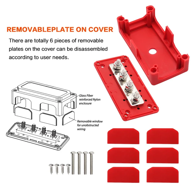 Alt view image 5 of 7 - AMOMD 2pcs 300A Bus Bar Brass Power Distribution Block 4 3/8 inch (M10) Studs Busbar Positive Negative Ground Terminal Block Junction Block Buss Bar with Cover for Marine Car RV Boat Solar