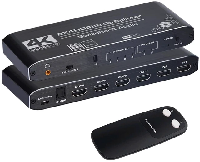 Main image of Anber-Tech 4K HDMI Splitter 2x4, HDMI Switch 2 in 4 Out Switcher Box with Audio Extractor and IR Remote Control, Support Ultra 4K HDR,4Kx2K@60Hz, 3D, 1080PHDMI 2.0b, HDCP 2.2