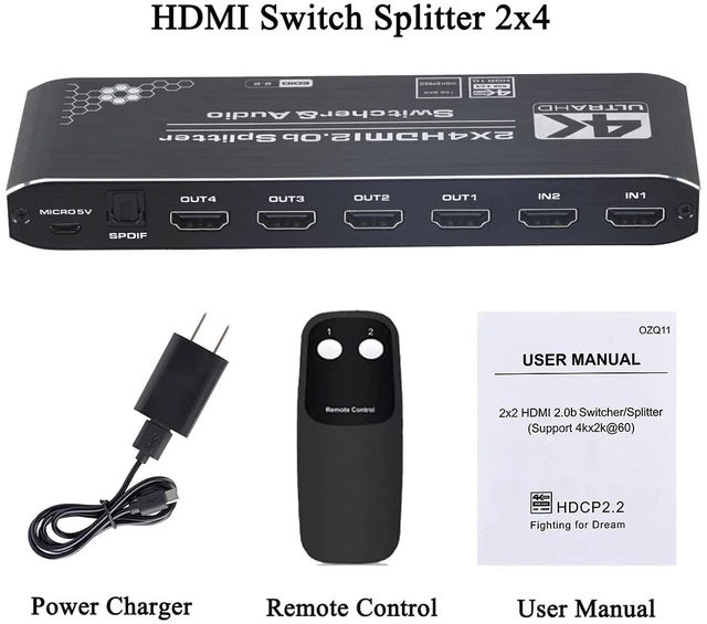 Alt view image 7 of 7 - Anber-Tech 4K HDMI Splitter 2x4, HDMI Switch 2 in 4 Out Switcher Box with Audio Extractor and IR Remote Control, Support Ultra 4K HDR,4Kx2K@60Hz, 3D, 1080PHDMI 2.0b, HDCP 2.2