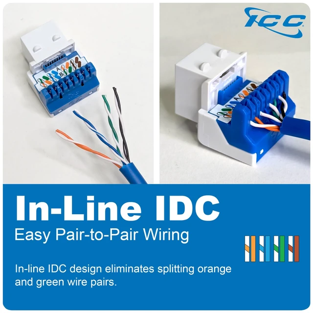 Alt view image 2 of 7 - ICC CAT5e RJ45 Keystone Jack, Inline IDC Wide Body, White, 25-Pack | Wide body inline IDC, no pair splitting, UL Listed, PoE++, TAA compliant, wiring cap per jack, fits most keystone plates
