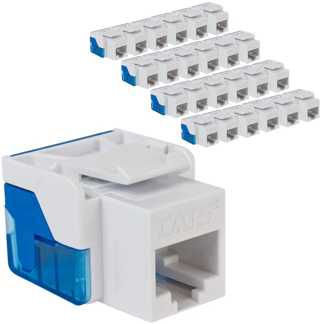 Main image of ICC CAT5e RJ45 Keystone Jack, Inline IDC Wide Body, White, 25-Pack | Wide body inline IDC, no pair splitting, UL Listed, PoE++, TAA compliant, wiring cap per jack, fits most keystone plates