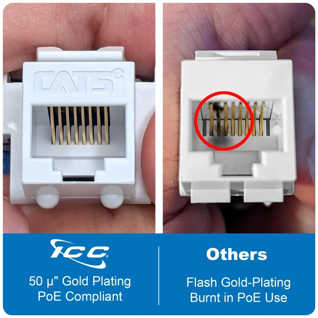 Alt view image 4 of 7 - ICC CAT5e RJ45 Keystone Jack, Inline IDC Wide Body, White, 25-Pack | Wide body inline IDC, no pair splitting, UL Listed, PoE++, TAA compliant, wiring cap per jack, fits most keystone plates