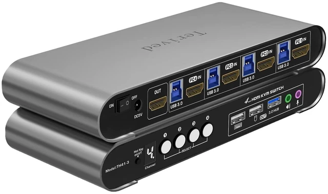 Main image of HDMI KVM Switch 4 in 1 Out with Hotkey Mouse Switching, Audio Mic Support, 4K@60Hz, USB 3.0 Hub, Digital Display, Terived Aluminum KVM with Cables Included