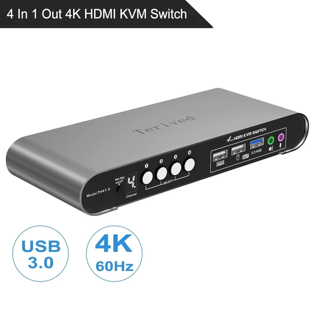 Alt view image 2 of 7 - HDMI KVM Switch 4 in 1 Out with Hotkey Mouse Switching, Audio Mic Support, 4K@60Hz, USB 3.0 Hub, Digital Display, Terived Aluminum KVM with Cables Included