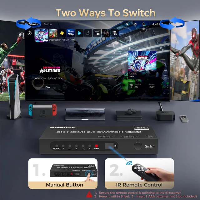 Alt view image 5 of 7 - 8K HDMI Switch 5 in 1 Out, HDMI 2.1 Switch 4K@120Hz with Remote Selector | 8K@60Hz,48Gbps, HDR10+,5 Port HDMI Switcher Splitter, Compatible with PS5,Switch, Xbox, Apple TV Fire Stick,PC, Monitor
