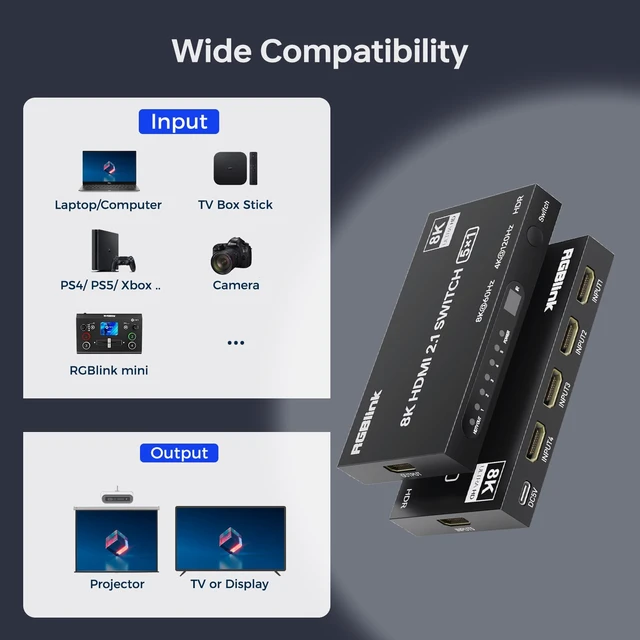 Alt view image 6 of 7 - 8K HDMI Switch 5 in 1 Out, HDMI 2.1 Switch 4K@120Hz with Remote Selector | 8K@60Hz,48Gbps, HDR10+,5 Port HDMI Switcher Splitter, Compatible with PS5,Switch, Xbox, Apple TV Fire Stick,PC, Monitor