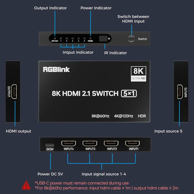 Alt view image 7 of 7 - 8K HDMI Switch 5 in 1 Out, HDMI 2.1 Switch 4K@120Hz with Remote Selector | 8K@60Hz,48Gbps, HDR10+,5 Port HDMI Switcher Splitter, Compatible with PS5,Switch, Xbox, Apple TV Fire Stick,PC, Monitor