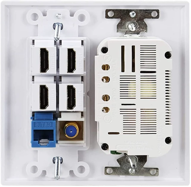 Alt view image 2 of 5 - 2 Power Outlet 15A with Dual 2.4A USB Charger Port Wall Plate with LED Lighting, IQIAN 4 HDMI HDTV + 1 CAT6 RJ45 Ethernet + Coaxial Cable TV F Type Keystone Face Plate White