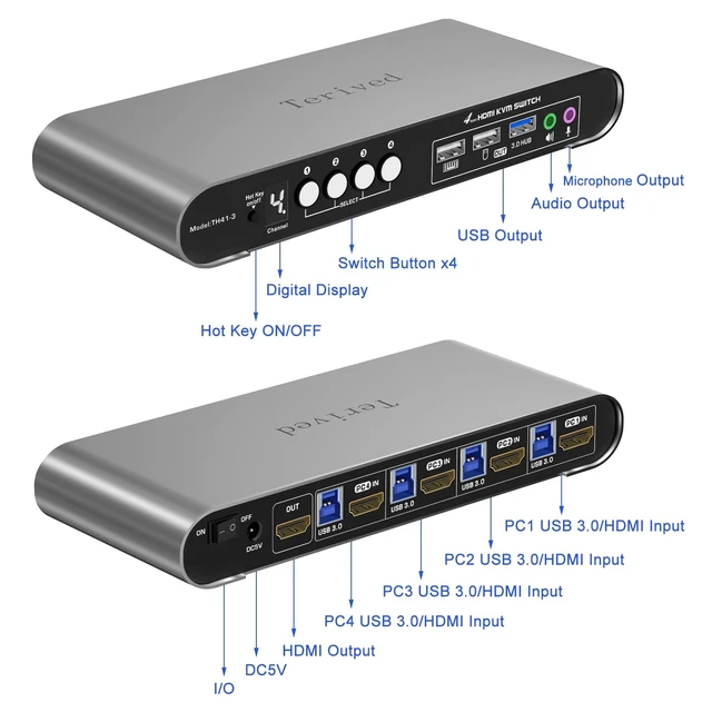 Alt view image 3 of 7 - HDMI KVM Switch 4 in 1 Out with Hotkey Mouse Switching, Audio Mic Support, 4K@60Hz, USB 3.0 Hub, Digital Display, Terived Aluminum KVM with Cables Included