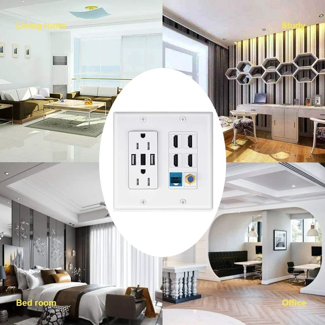 Alt view image 5 of 5 - 2 Power Outlet 15A with Dual 2.4A USB Charger Port Wall Plate with LED Lighting, IQIAN 4 HDMI HDTV + 1 CAT6 RJ45 Ethernet + Coaxial Cable TV F Type Keystone Face Plate White
