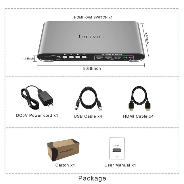 Alt view image 6 of 7 - HDMI KVM Switch 4 in 1 Out with Hotkey Mouse Switching, Audio Mic Support, 4K@60Hz, USB 3.0 Hub, Digital Display, Terived Aluminum KVM with Cables Included