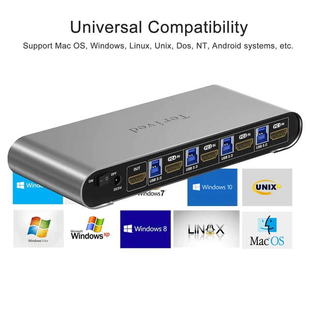 Alt view image 7 of 7 - HDMI KVM Switch 4 in 1 Out with Hotkey Mouse Switching, Audio Mic Support, 4K@60Hz, USB 3.0 Hub, Digital Display, Terived Aluminum KVM with Cables Included