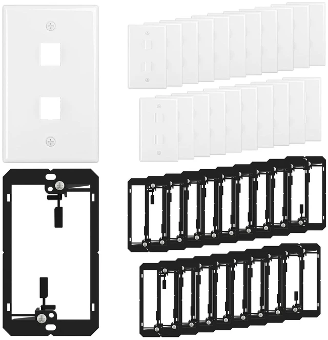 Main image of FGB 2-Port Keystone Wall Plate, with Low Voltage Mounting Bracket, 20 Pack | with Single Gang Decorator Wall for RJ45, HDMI, and Coax Keystone Inserts, White, Cat Ethernet Wall Plate
