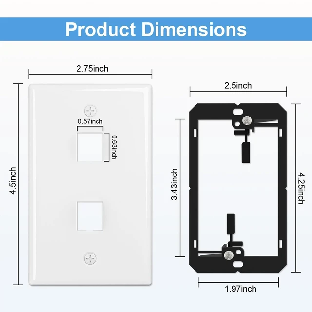 Alt view image 2 of 7 - FGB 2-Port Keystone Wall Plate, with Low Voltage Mounting Bracket, 20 Pack | with Single Gang Decorator Wall for RJ45, HDMI, and Coax Keystone Inserts, White, Cat Ethernet Wall Plate