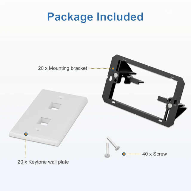 Alt view image 6 of 7 - FGB 2-Port Keystone Wall Plate, with Low Voltage Mounting Bracket, 20 Pack | with Single Gang Decorator Wall for RJ45, HDMI, and Coax Keystone Inserts, White, Cat Ethernet Wall Plate