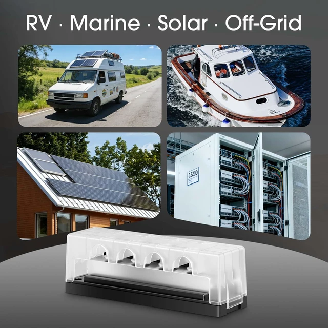 Alt view image 6 of 7 - MICRL 600A Battery Bus Bar, 48V DC Power Distribution Block, 4 M10 Studs | C11000 Tin-Plated Copper, Clear Snap-On Cover, Wide Lug Spacing, 2 Side M4 Terminals, Marine, RV, Solar & Inverter Systems