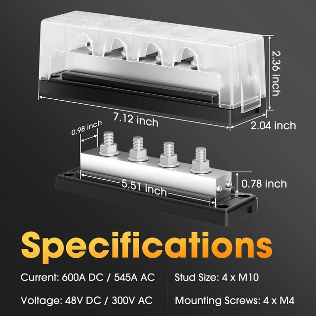 Alt view image 7 of 7 - MICRL 600A Battery Bus Bar, 48V DC Power Distribution Block, 4 M10 Studs | C11000 Tin-Plated Copper, Clear Snap-On Cover, Wide Lug Spacing, 2 Side M4 Terminals, Marine, RV, Solar & Inverter Systems