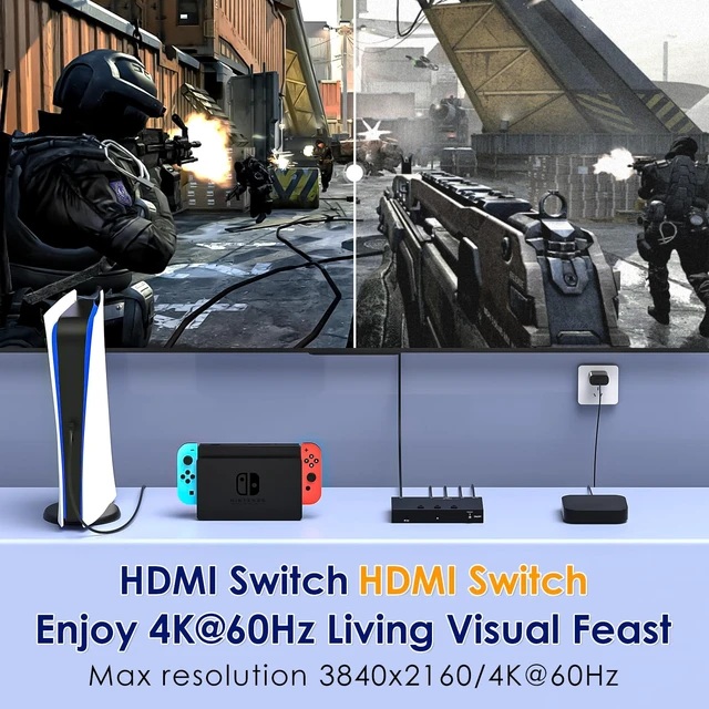 Alt view image 6 of 7 - 8K@60Hz HDMI 2.1 Switch 3 in 1 Out, 40Gbps Ultra HD 4K 120Hz, HDR10/Dolby Vision, 3D, Supports DTS-HD, Dolby TrueHD Compatible with PS5/4 Xbox Nintendo Switch Roku Apple TV Fire Stick Gaming PC